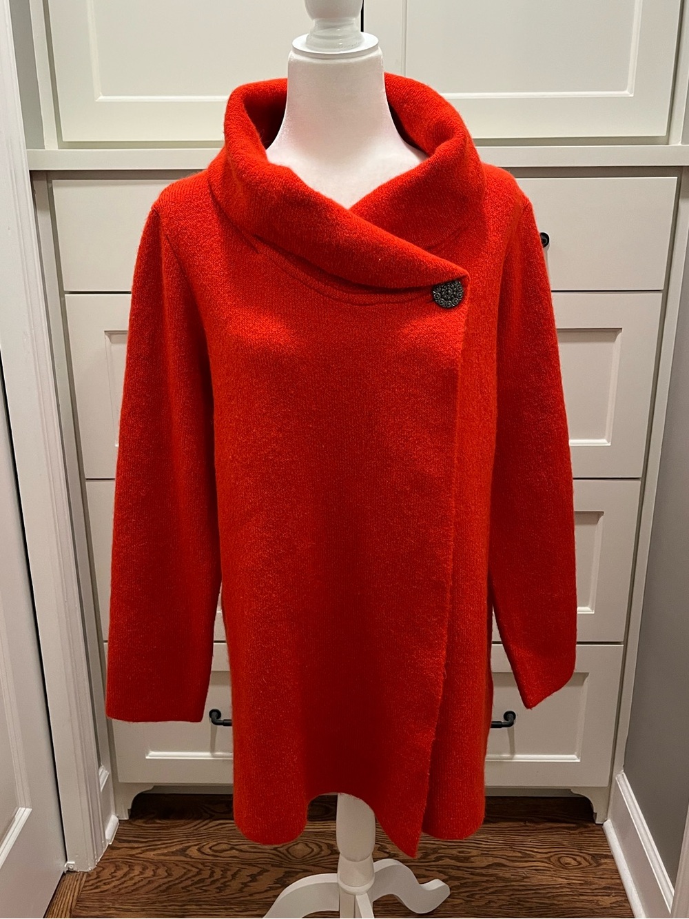 Red Shawl Collar Sweater Jacket with Brooch Button Closure True Red size 1X